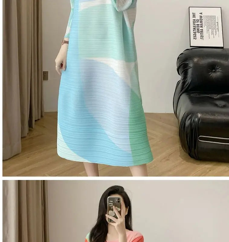 Mid length pleated dress, summer age reduction, oversized, stylish, loose printed, slimming women's dress