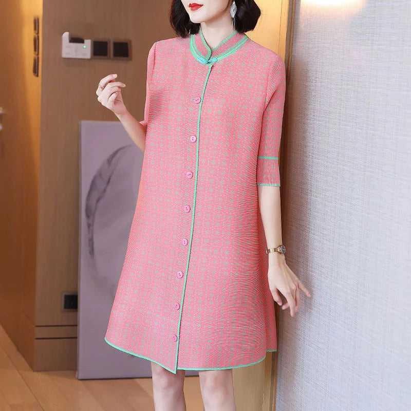 spring summer stand collar simple fashion pleated mini dress female 3/4 sleeve elegant robe women temperament buttons vestidos