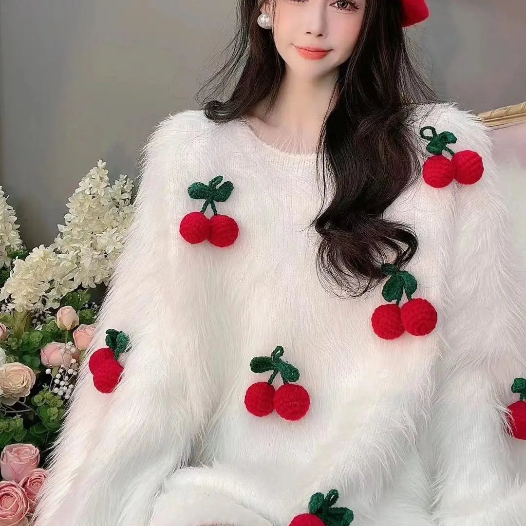 Winter White Fluffy Mohair Knit Pullovers Loose 3D Cherry Thickened Mink Cashmere Furry Sweater Knitwear Jumper O-Neck Tops 2022