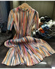 Miyake Colorful Striped Half-high Neck Short-sleeved Pleated Dress Loose Thin A-line Dress Women 2023 New Clothing