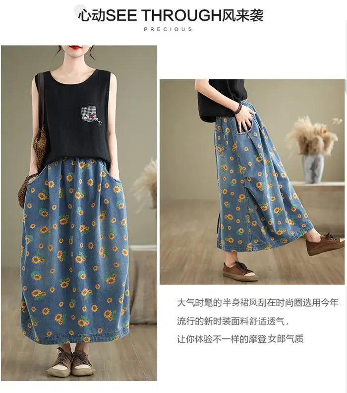 Retro Floral Denim Skirt For Women Autumn 2024 Fashon Printed Elastic Waist Slimming Versatile Bud Skirt Midi Jeans Saias K2229