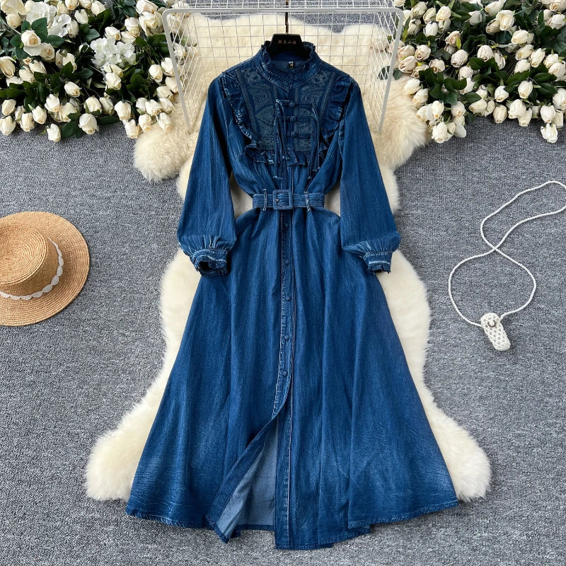 Autumn American Denim High Quality Cotton Retro Women's Embroidered Pan Button Cowboy Dress Fashion Waist Cowboy Skirt Look Thin