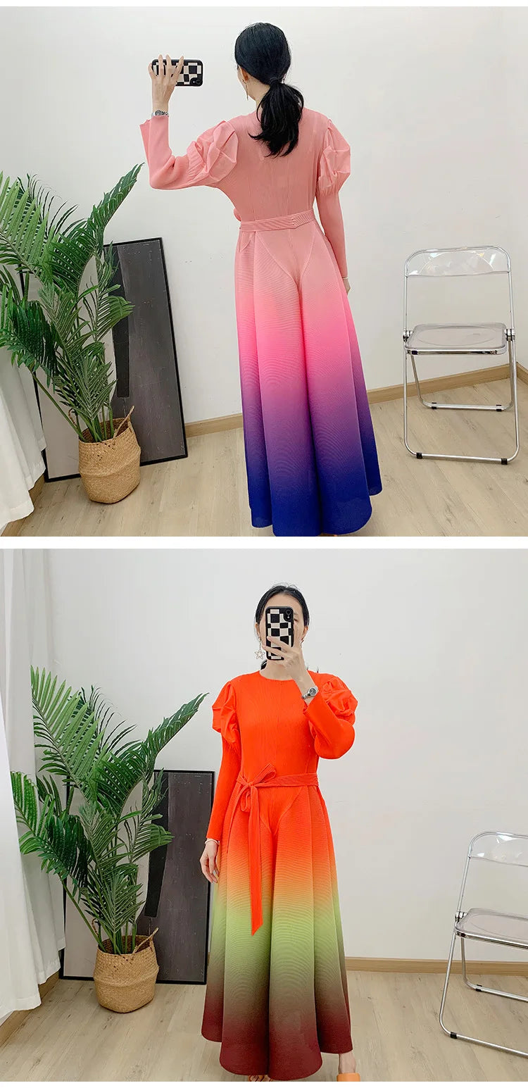 Gradient Pleated Dress For Women Long Sleeves Lantern Style Maxi Dresses 2024 Spring New Female Elegant Clothing 2DA4145