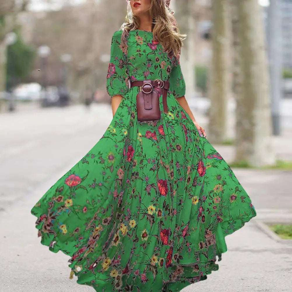 Women Printed Chiffon Dress Spring Autumn Dress Flower Print Maxi Dress A-line High Waist Half Sleeve Soft Breathable for Women