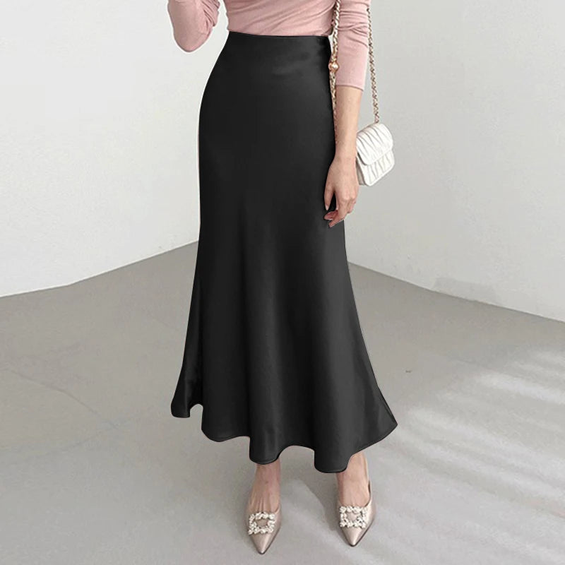 Summer Maxi Skirts VONDA Elegant Satin Women High Waist Solid Color Bottoms 2023 Pleated Casual Loose Streetwear Long Skirts