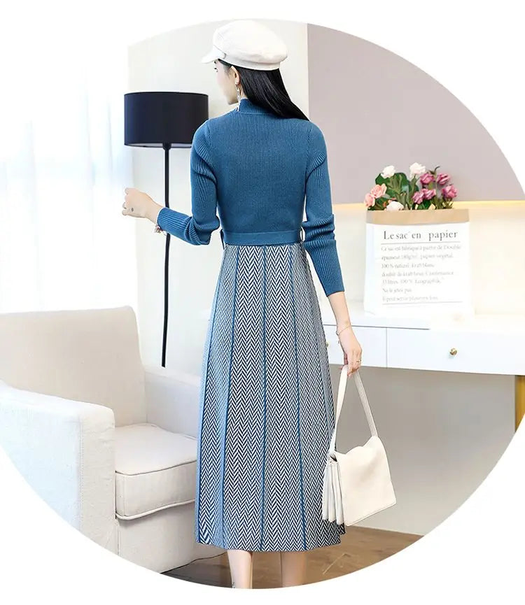 Vintage Spliced Knitted Midi Dress Autumn Winter Casual Half High Collar Female Clothing Elegant Waist Drawstring Bow Dresses