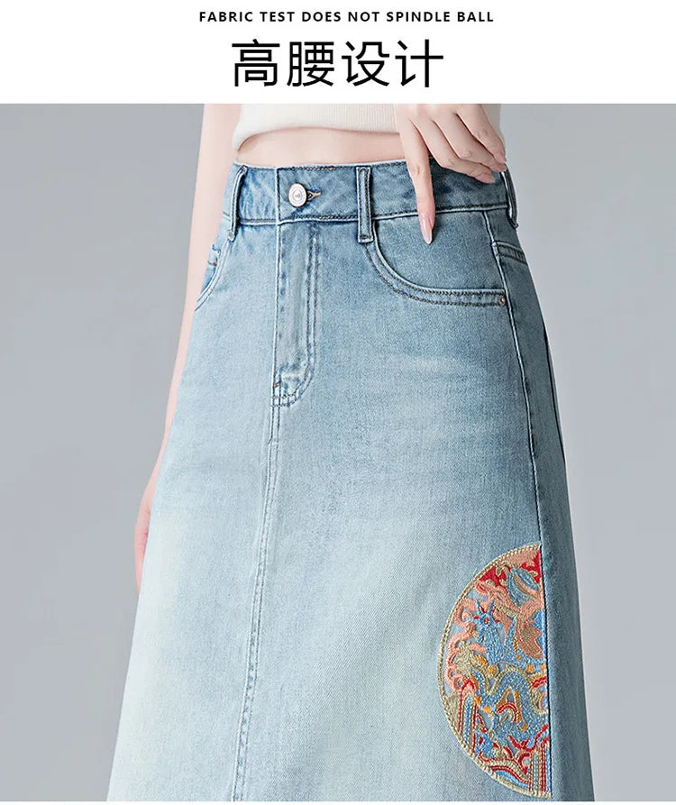 Embroidery High Waist A-line Denim Skirt  Women Elegant Chic Slim Fit Plus Size Midi Skirts