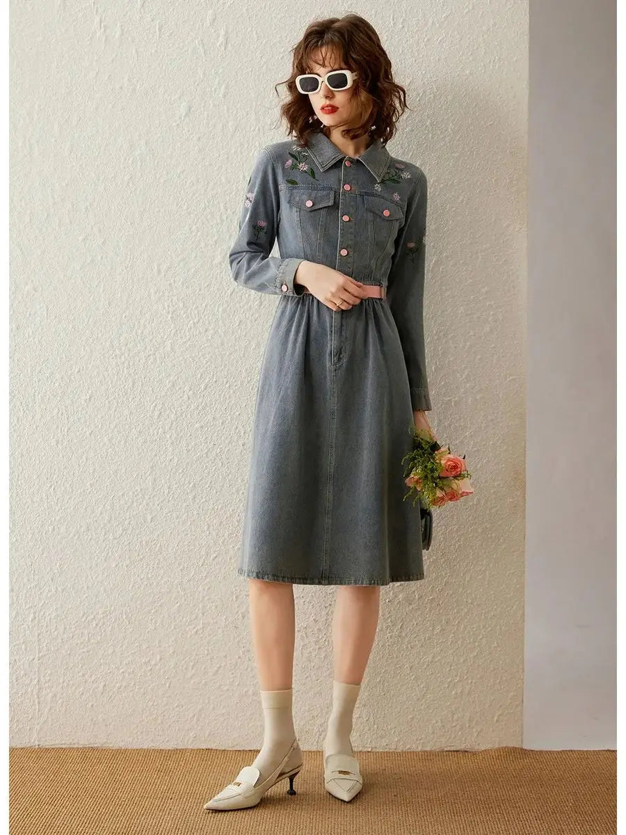 LOUIS YAO Women Denim Skirt Embroider Dress 2023 Autumn Polo Neck Sweet Half-placket Washed Denim Mid-length Skirt for Women