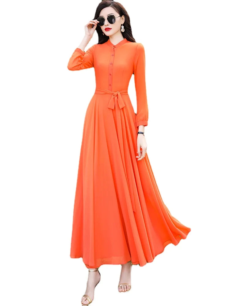 SD30 New High Quality Women's Summer  Orange Long Sleeve Chiffon  Maxi dress with full linning boho dress  dresses  women dress