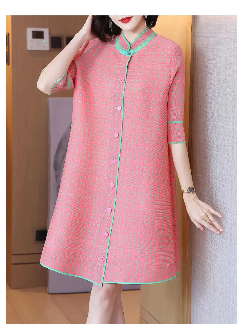 spring summer stand collar simple fashion pleated mini dress female 3/4 sleeve elegant robe women temperament buttons vestidos