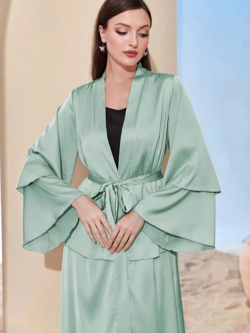 Fashion Patchwork Satin Cardigan Dress Women's Elegant Solid Lace-up Maxi  Dress  Kimono Robe Femme