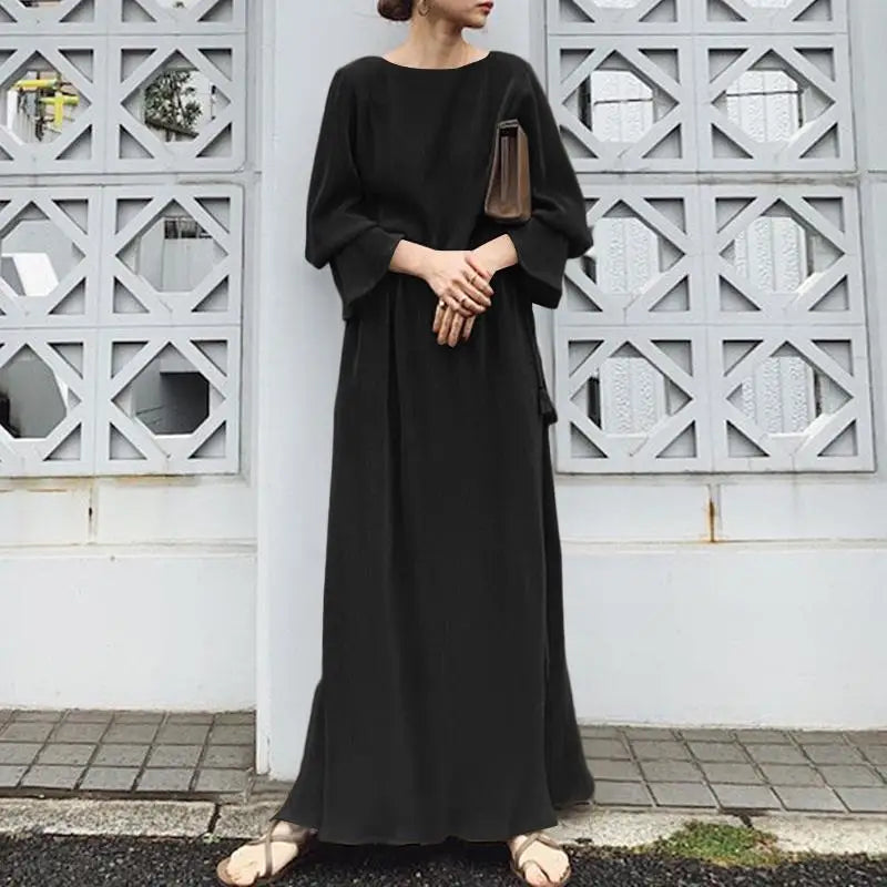 ZANZEA Elegant Fashion Women Maxi Sundress 2024 Autumn Long Dress Casual Pleated Long Sleeve Solid Color Party Vestidos Robe