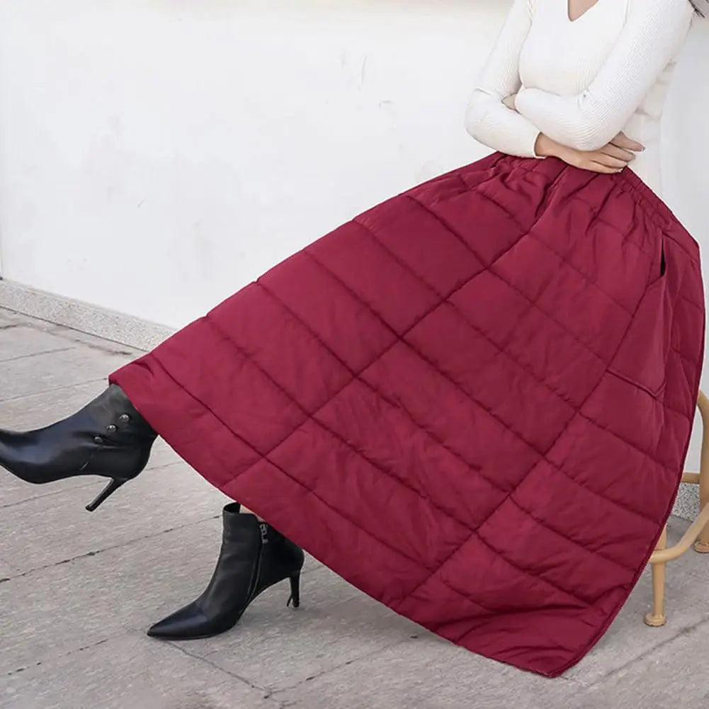 Korean Winter Women Down Skirt Thick Padded High Waist Zipper Windproof Ankle Length Lady Maxi Skirt