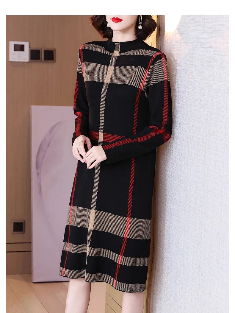 Winter Women's Wool Knitted Dress Striped Half High Collar Vintage Fashion Thick Sweater Style Female Clothing