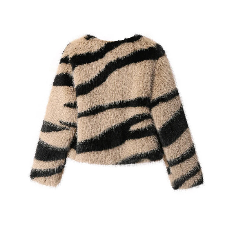 Ins Chic Girls Fluffy Zebra Fur Coat Women Harajuku Street Fashion Casual Faux Fox Fur Jacket Female Winter Thick Warm Overcoats