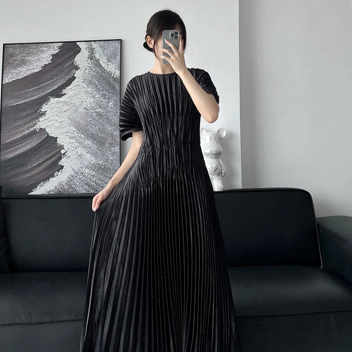 Pleated Butterfly Sleeve Solid Color Elegant Slim Women's Dress Printed Fashion Temperament Dress 2024 Summer New