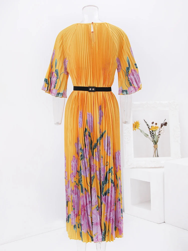 Floral Print Pleated Fashion Dress Women Round Neck Belt Loose Long Dresses