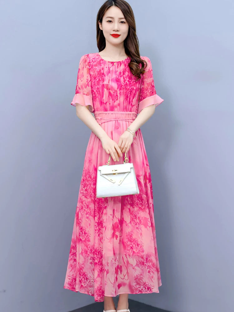 Pink Floral Chiffon Casual Boho Beach Dress Women Chic Butterfly Sleeve Prom Maxi Dress Summer Korean Elegant Party Vestido