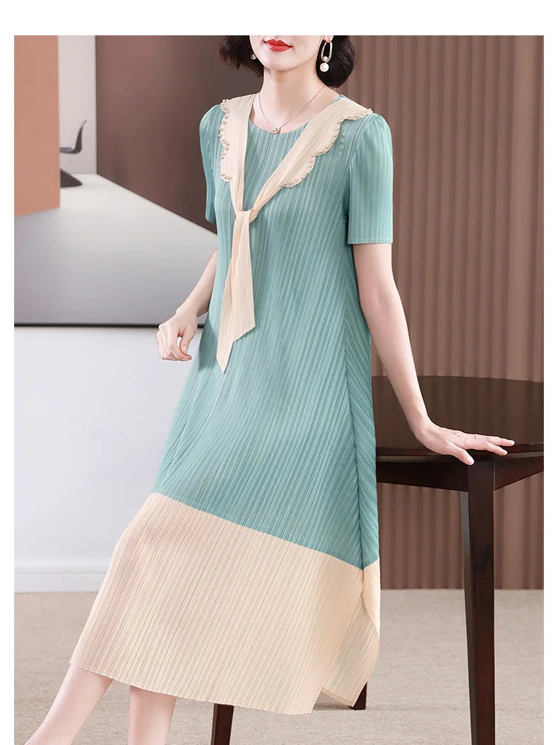 Miyake Pleated Dress Women 2024 Summer Style Splicing Color-blocking Beads Loose V-neck Short-sleeved Elegant A-line Long Skirt