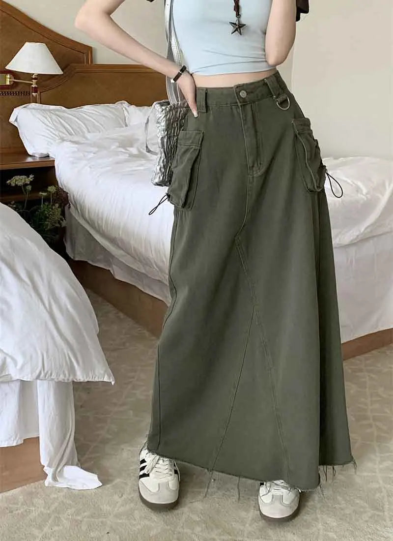 Y2K High Waist Drawstring Cargo Skirt Women Korean Split Midi Skirt Female Fashion Streetwear Solid Big Pocket A Line Skirts