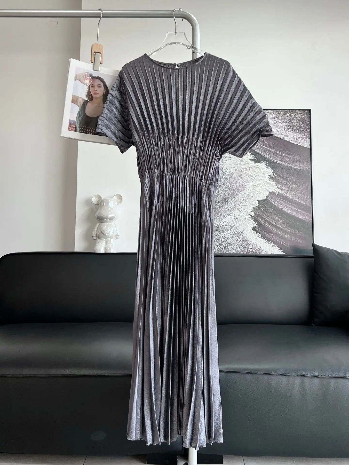 Pleated Butterfly Sleeve Solid Color Elegant Slim Women's Dress Printed Fashion Temperament Dress 2024 Summer New