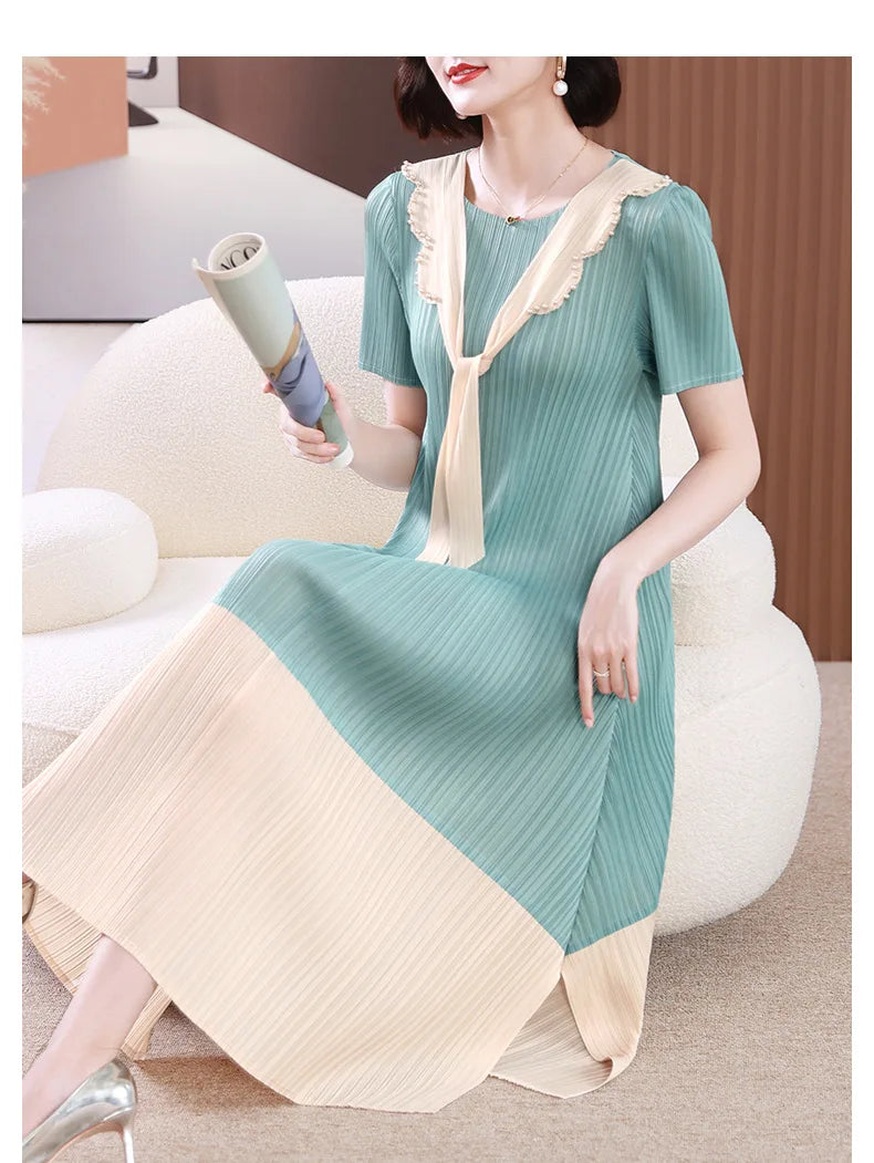 Miyake Pleated Dress Women 2024 Summer Style Splicing Color-blocking Beads Loose V-neck Short-sleeved Elegant A-line Long Skirt