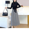 Vintage Spliced Knitted Midi Dress Autumn Winter Casual Half High Collar Female Clothing Elegant Waist Drawstring Bow Dresses