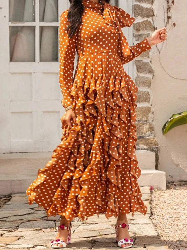 Dress Women's polka dot Long sleeve Tiered ruffles Slim Party Vintage Dresses