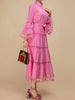 Dress Women stand collar Flare Sleeve Belted Pink  Midi Dresses