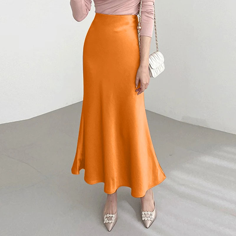 Summer Maxi Skirts VONDA Elegant Satin Women High Waist Solid Color Bottoms 2023 Pleated Casual Loose Streetwear Long Skirts