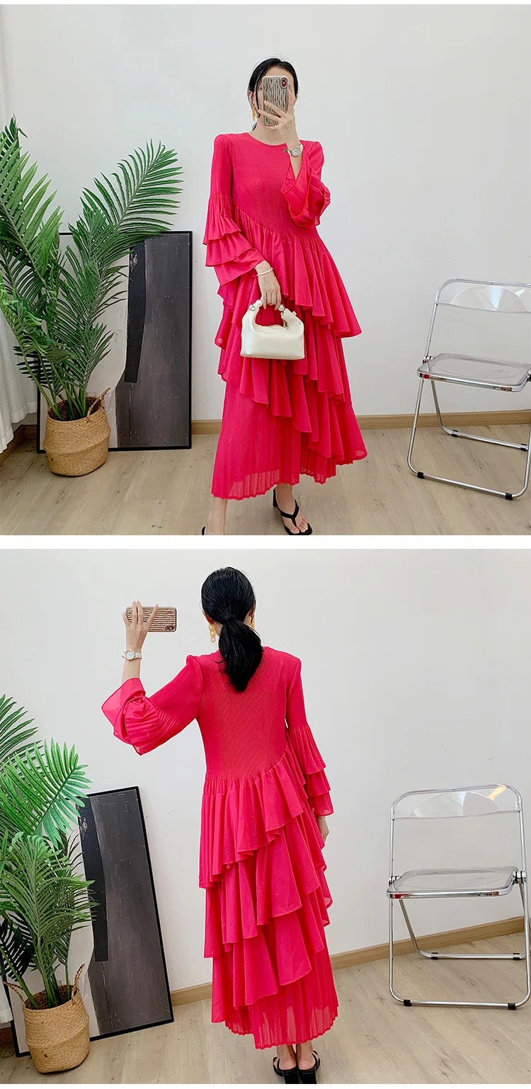 Miyake Spring 2024 Ruffles Pleated Dress Women Long Sleeves Fashion Solid Color High Waist Stitching Dresses Party Clothing New