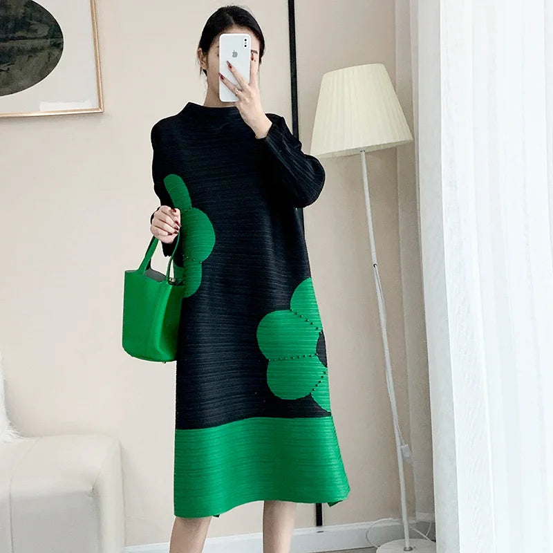 Pleats Original Pleated Color Blocking French Long-sleeved Dress Spring Autumn Women 2023 Temperament Women's Beaded Loose Skirt