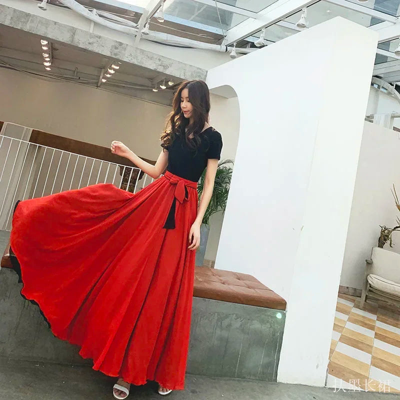 Women Chiffon Long Skirt A-Line Skirts Women Elastic High Waist Maxi Skirts Elegant Solid Skirts