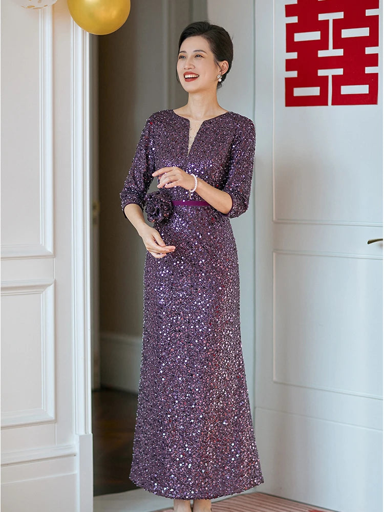 Shiny Sequin DressElegant Ankle-Length Purple