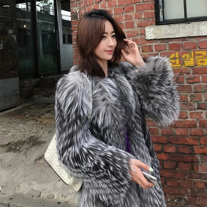 Silver Fox Fur Trench Coat Women's Thick Warm Winter Clothes Faux Fur Coat Long Fluffy Jacket Furry Outerwears Female Overcoat