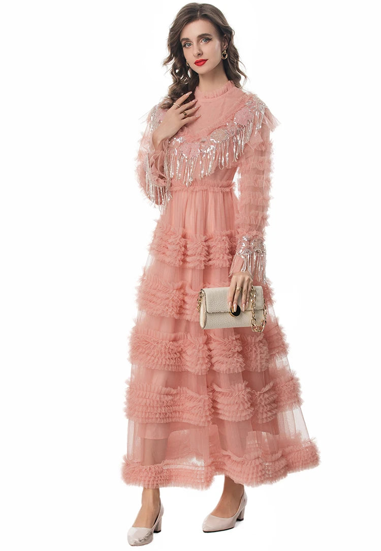 Designer Dress Women's Vintage Elegant Net Yarn Sequins Tassel Cascading Ruffle Dresses