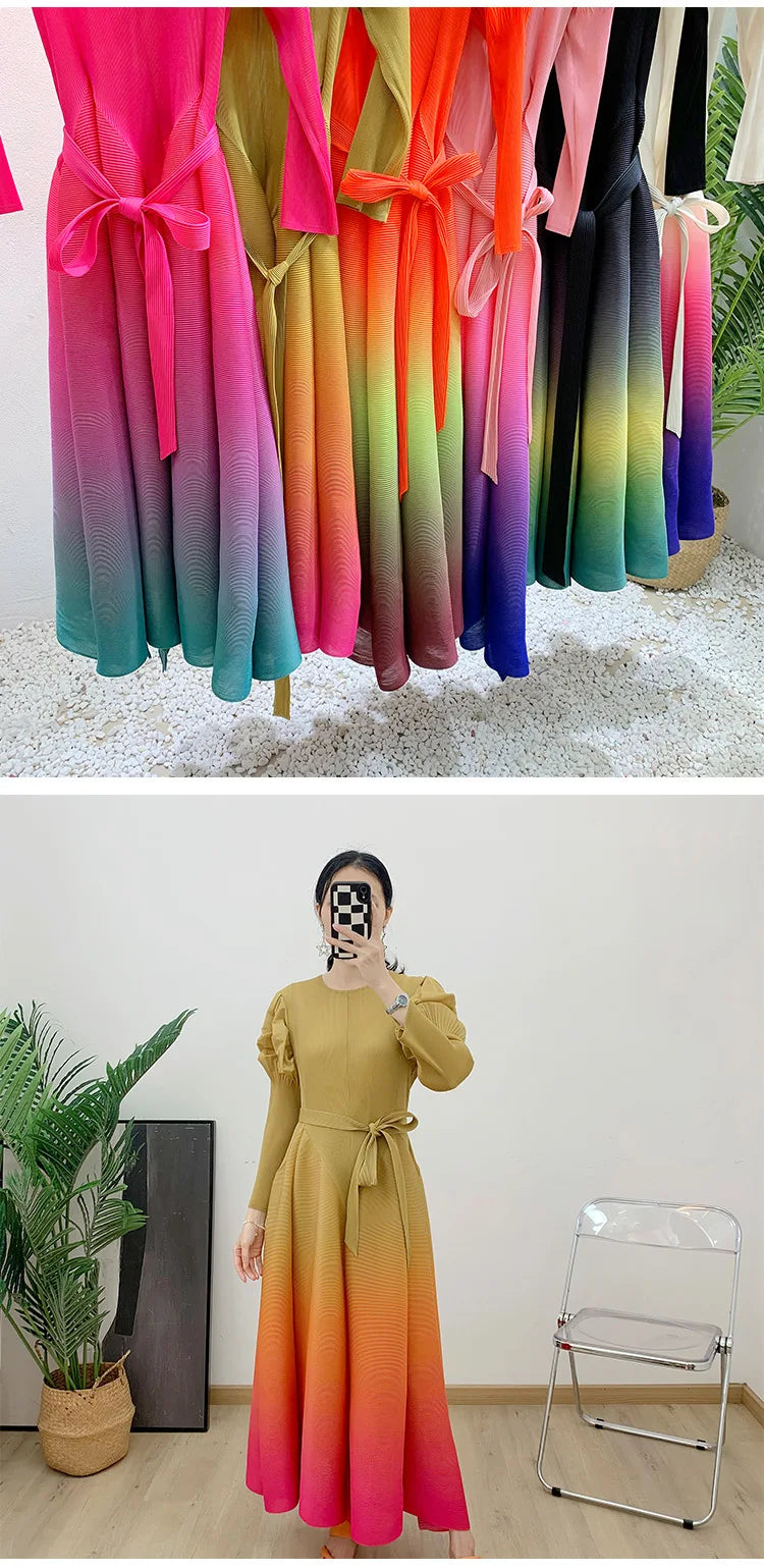 Gradient Pleated Dress For Women Long Sleeves Lantern Style Maxi Dresses 2024 Spring New Female Elegant Clothing 2DA4145