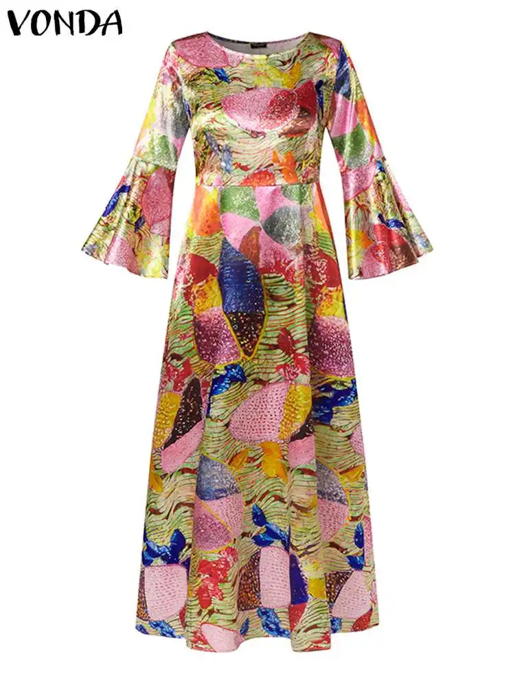 Women Elegant Maxi Dress 2024 Autumn Long Flare Sleeve Dresses VONDA Casual Printed Long Shirt Sundress Party Vestidos