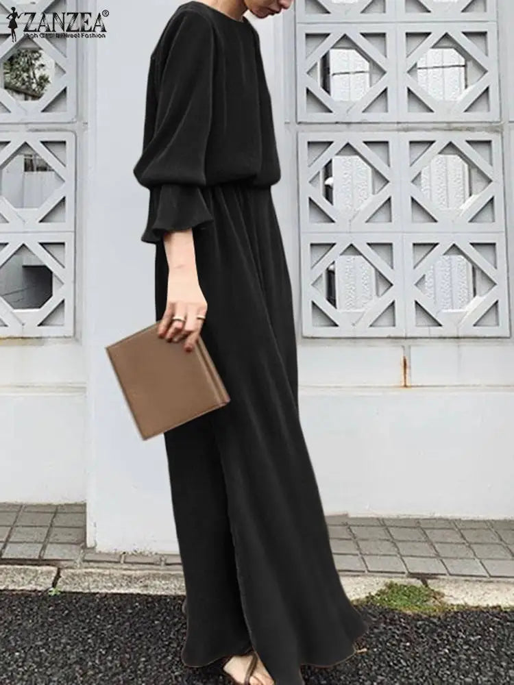 ZANZEA Elegant Fashion Women Maxi Sundress 2024 Autumn Long Dress Casual Pleated Long Sleeve Solid Color Party Vestidos Robe