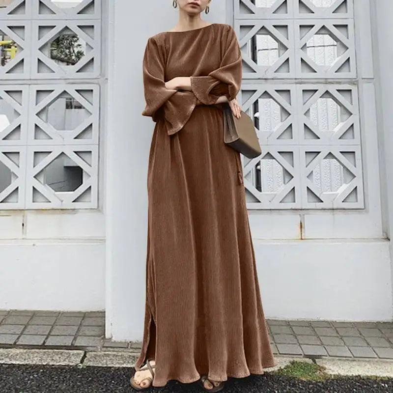 ZANZEA Elegant Fashion Women Maxi Sundress 2024 Autumn Long Dress Casual Pleated Long Sleeve Solid Color Party Vestidos Robe