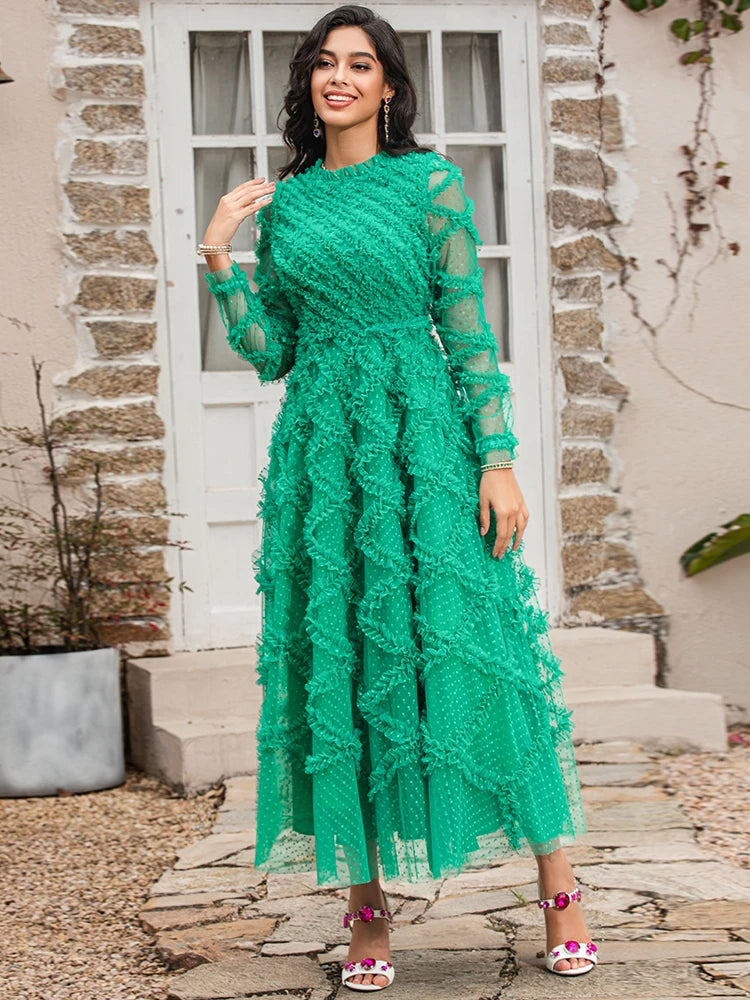 LD LINDA DELLA Fashion Runway Summer Dresses Women Long Sleeve Polka dot Mesh Green Elegant Long Party Dress