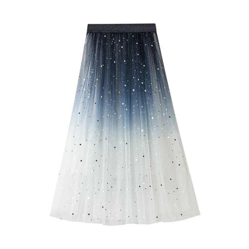 Sweet Embroidered Pleate Tulle Skirt 2024 New Women Spring Summer A-Line Long Skirts High Waist Sequined Planets Mesh Maxi Skirt