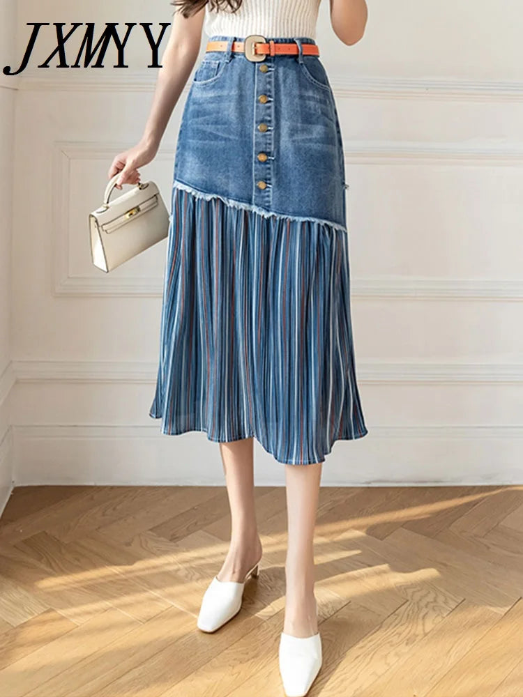 JXMYY 2024 Spring And Autumn Fashion New Large Size High Waist All-Match Women's Denim Skirt Stitching Midi Skirt