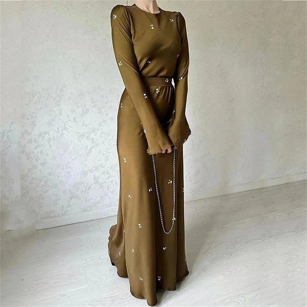 2024 Flower Printed Long Dress for Women Elegant O-Neck Long Sleeve Belt Nipped Waist Slim Maxi Dresses Streetwear