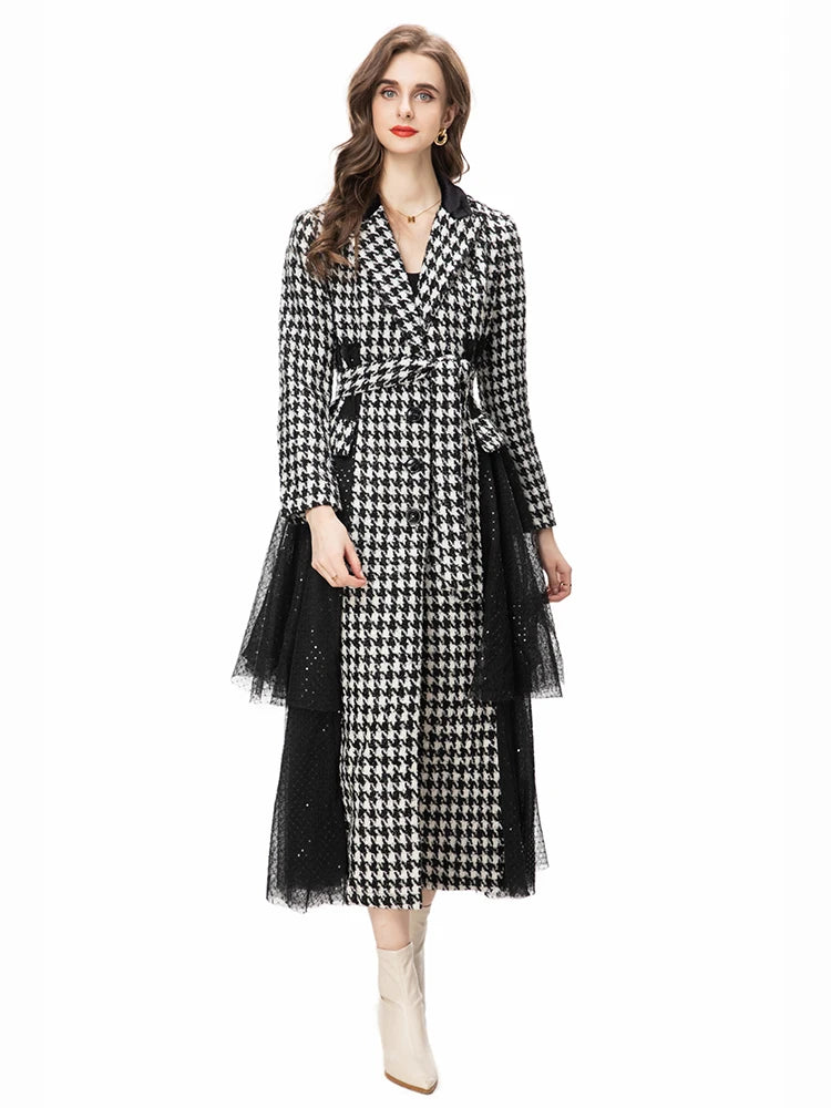 Style Vintage Coat Women's Lapel Single-breasted Splice Sequin Netting Slim Fit Coat