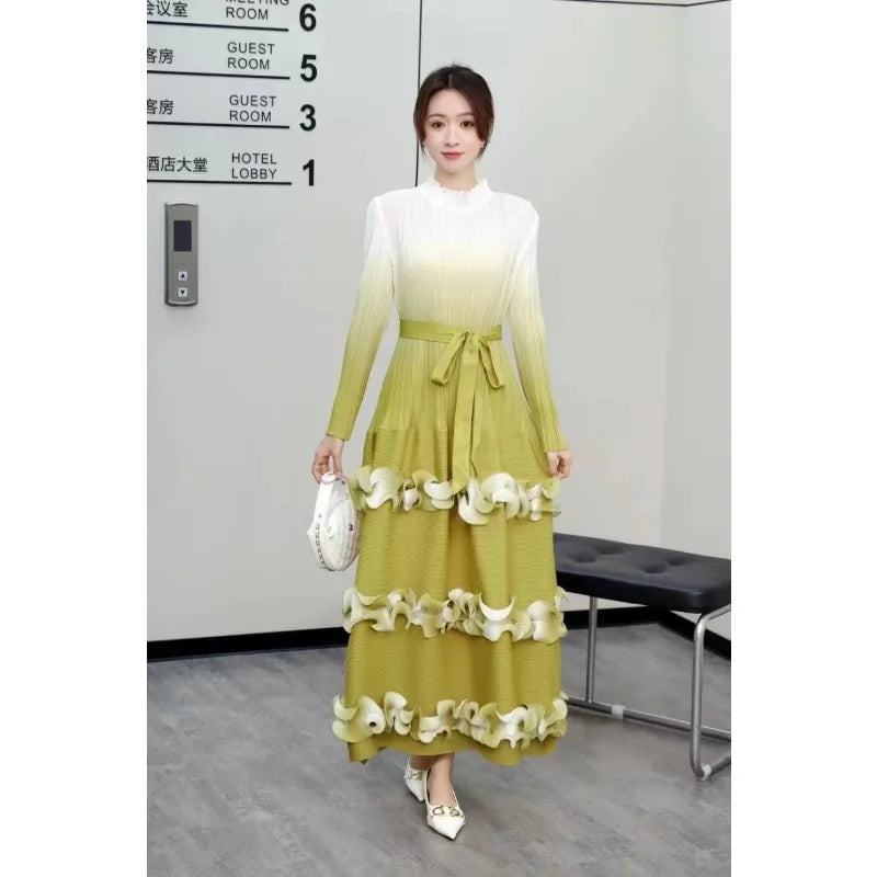 Autumn New Gradient Hem Ruffle Edge Lace Up Long Sleeved Round Neck Pleated Dress Women's Party Birthday Dress