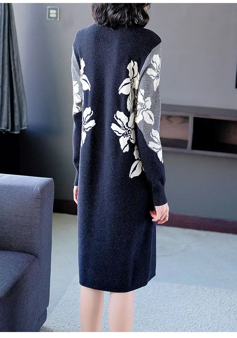 Autumn Winter Half High Collar Vintage Printing Robe Female Loose Casual All-match Dress Women Elegant Fashion Knitting Vestido