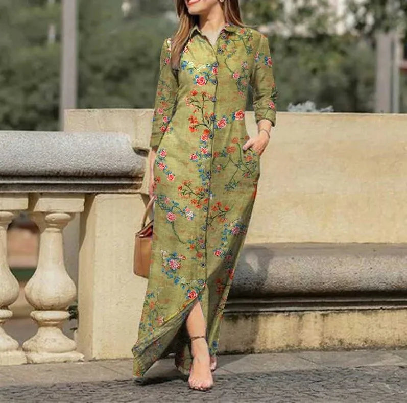 Vintage Flower Print Loose Shirt Dress Autumn Fashion Lapel Collar Button Dress Women Casual Long Sleeve Pocket Maxi Dresses