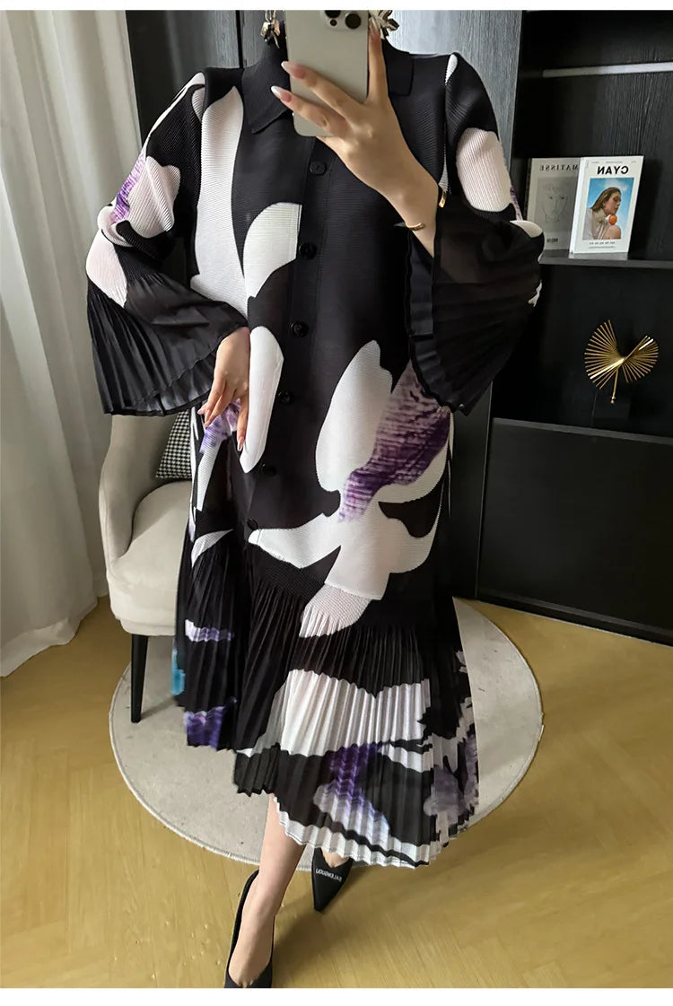 Miyake Pleated Breasted Cardigan 2024 Spring New Women's Printed Lapel and Flower Bud Sleeves Summer Women's Mid Length Dress