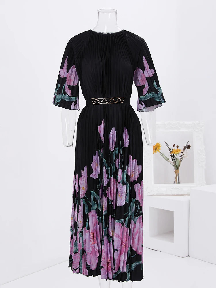 Floral Print Pleated Fashion Dress Women Round Neck Belt Loose Long Dresses